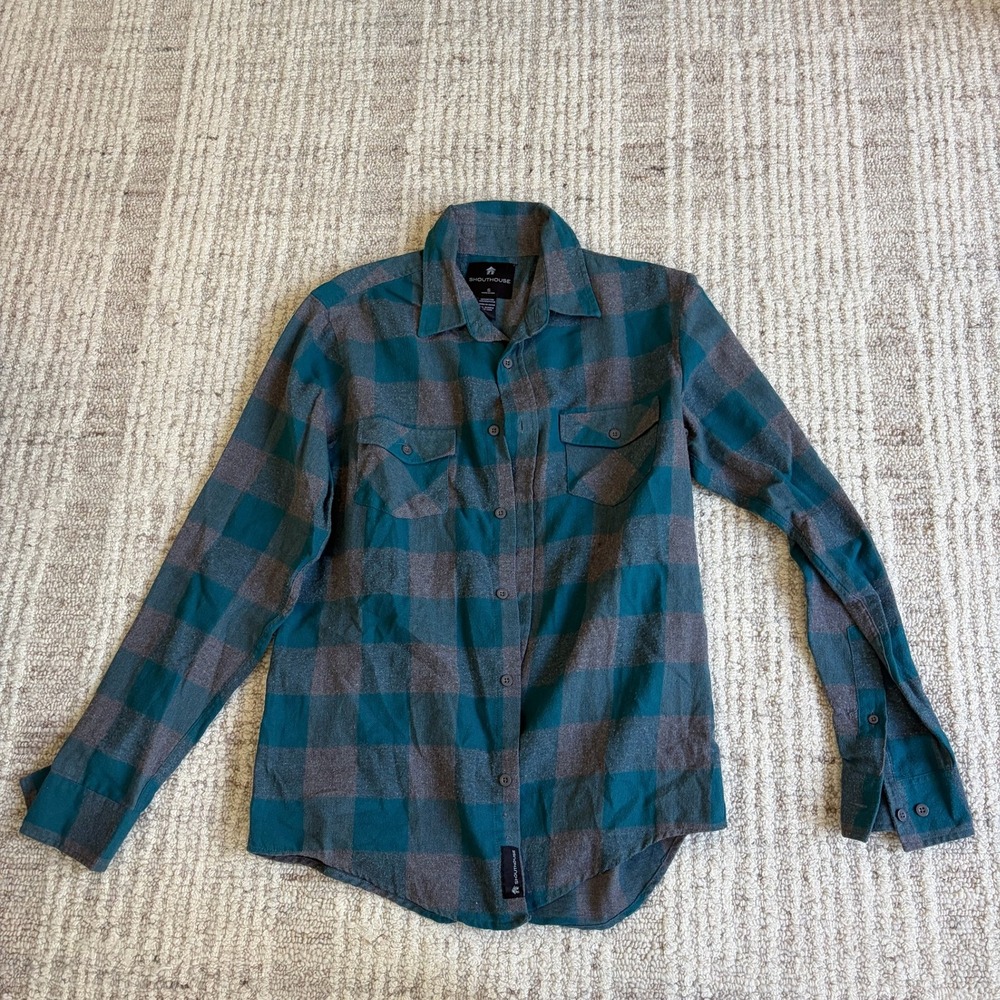 Shouthouse Mens Teal Grey Buffalo Plaid Flannel Button Down Shirt Small